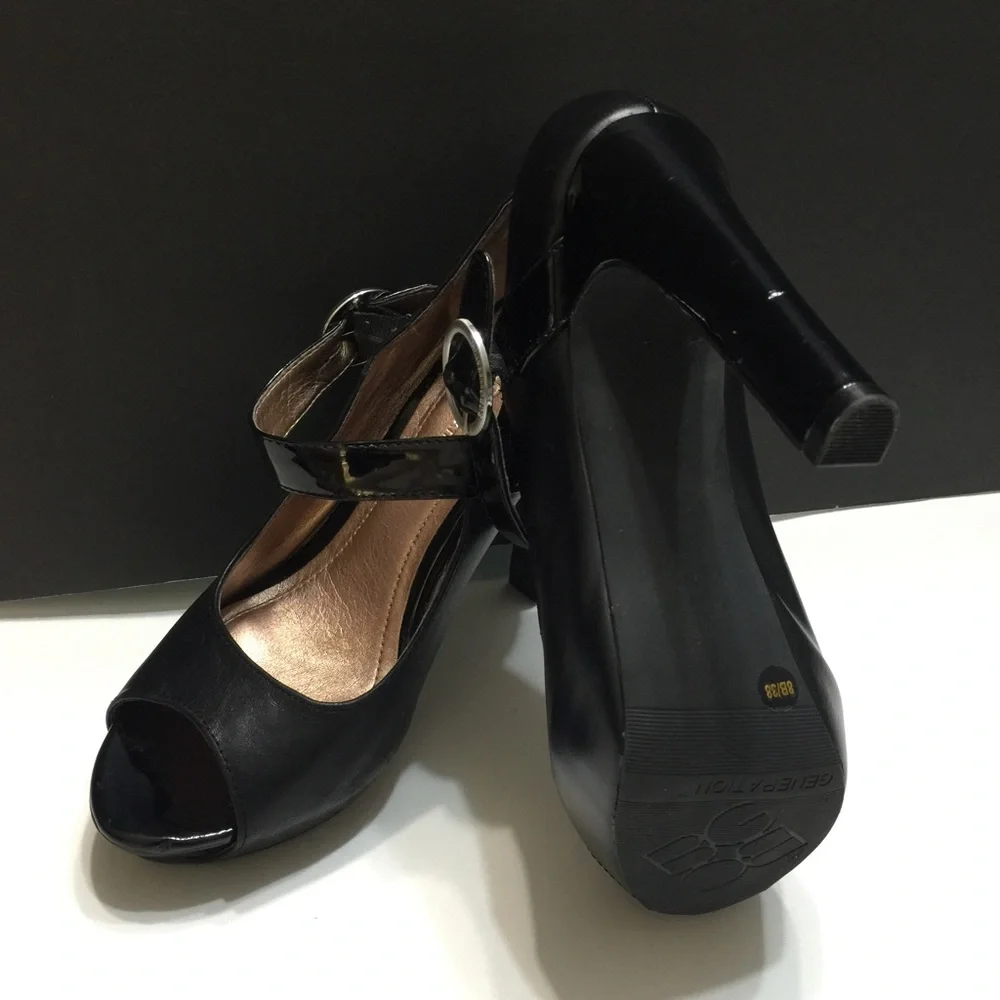 BCBGeneration Black Patent Mary Jane Platform Heels with Silver Buckle